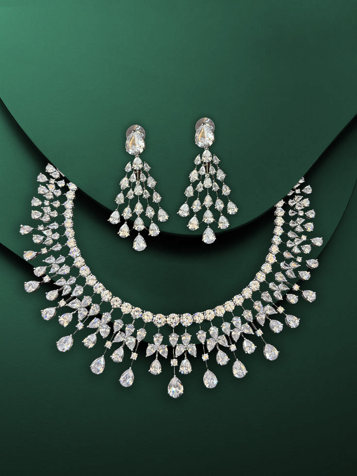 Glamorous Waterdrop CZ Necklace Set with Statement Earrings